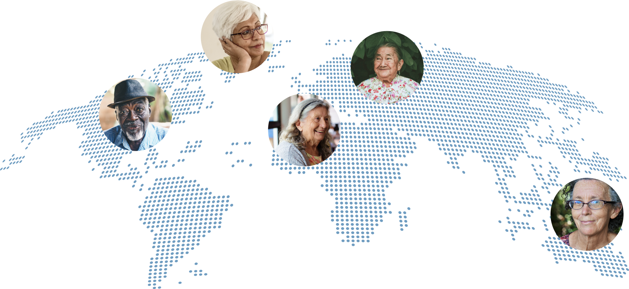 World map photo with faces pinned on it